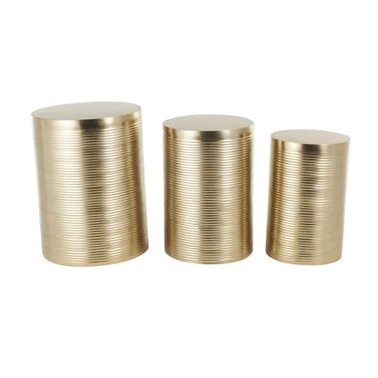 Gold Metal Metallic Ribbed Drum Accent Table Set